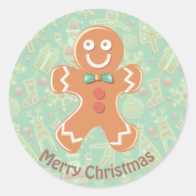 Happy Gingerbread Man Merry Christmas Classic Round Sticker (Front)