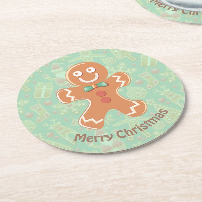 Happy Gingerbread Man Merry Christmas Round Paper Coaster (Angled)