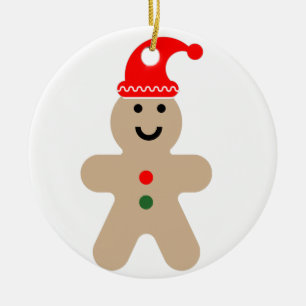 Happy Gingerbread man wearing a Santa hat Ceramic Tree Decoration