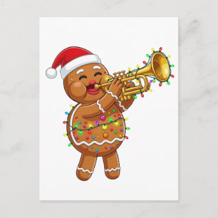Happy Gingerbread Musician Playing Trumpet Xmas Postcard