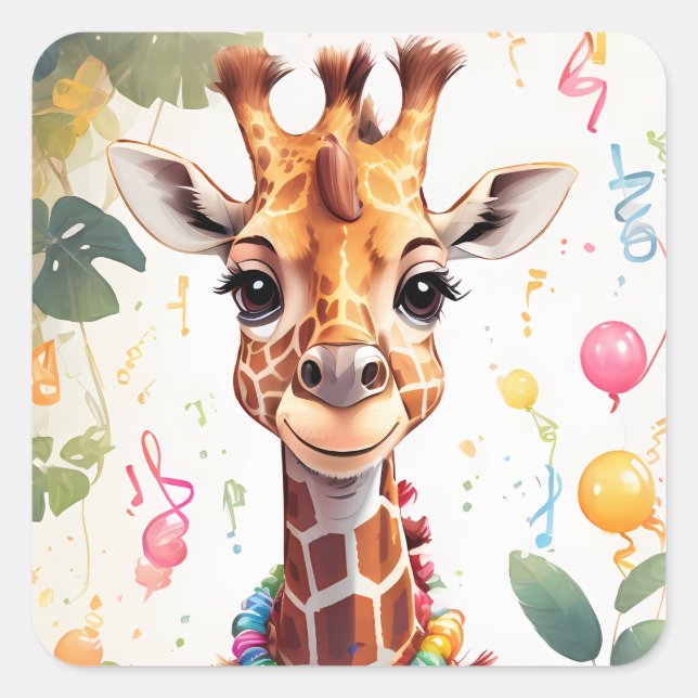Happy Giraffe with Gifts & Cake |  Square Sticker (Front)
