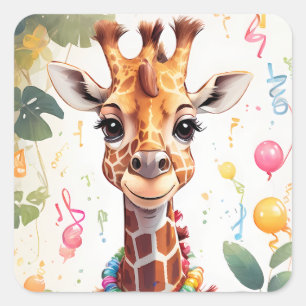 Happy Giraffe with Gifts & Cake    Square Sticker