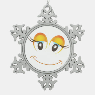 HAPPY GIRL FACE SNOWFLAKE PEWTER CHRISTMAS ORNAMENT