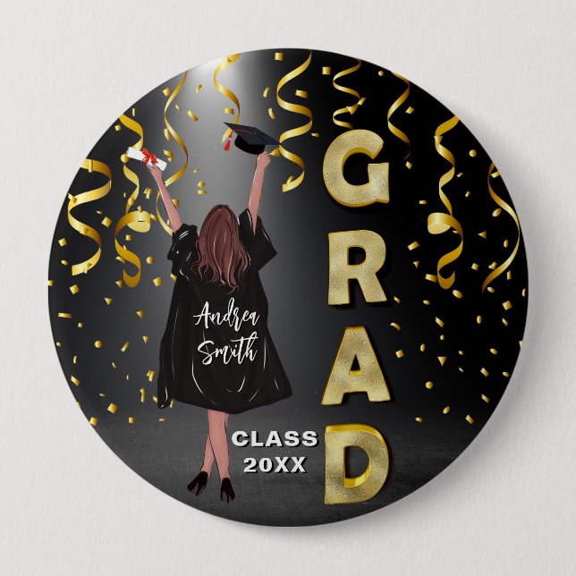 Happy Girl Graduation Elegant Gold Confetti Cute 10 Cm Round Badge (Front)
