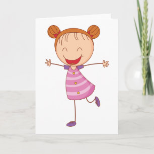 Happy Girl Stick Figure Ginger Hair Buns Card
