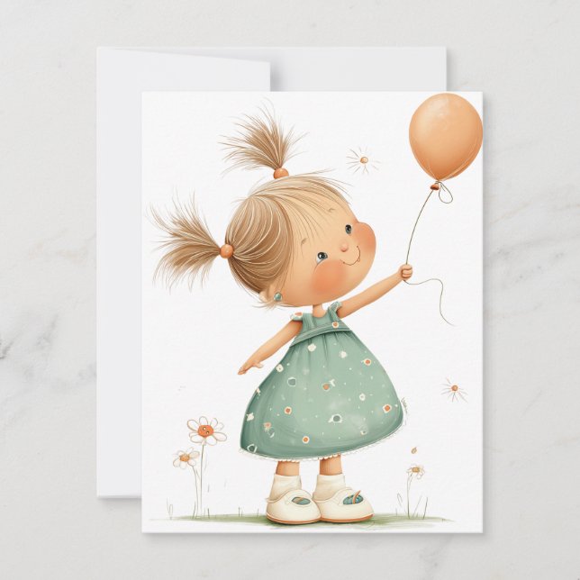 Happy Girl with Balloon Watercolor RSVP Card (Front)