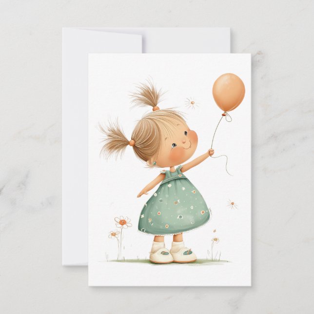 Happy Girl with Balloon Watercolor Thank You Card (Front)