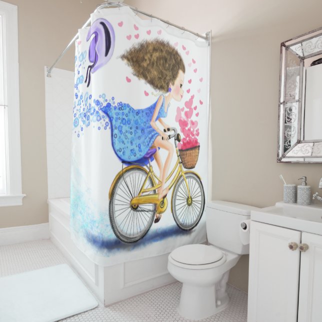 Happy Girl with Bike Shower Curtain (In Situ)
