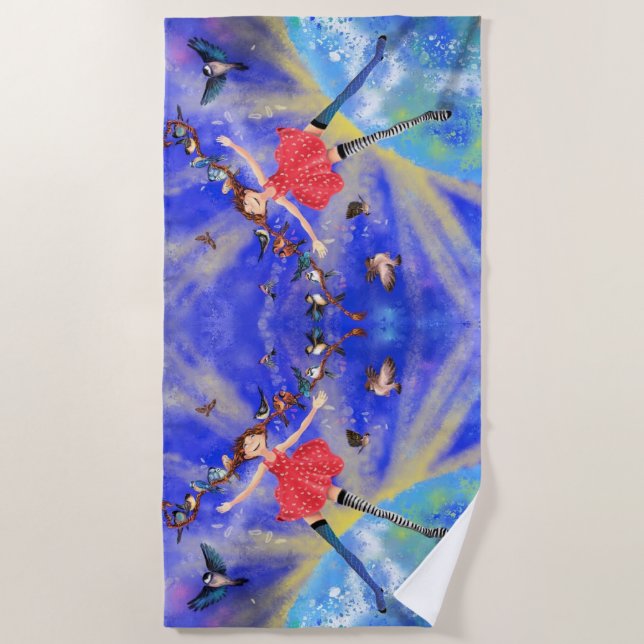 Happy Girl with Birds - Add Yoiur Picture / Text Beach Towel (Front)