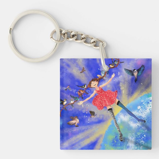 Happy Girl with Birds - Add Your Picture / Text - Key Ring (Front)