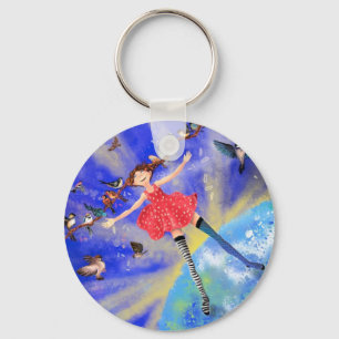 Happy Girl with Birds - Add Your Picture / Text - Key Ring