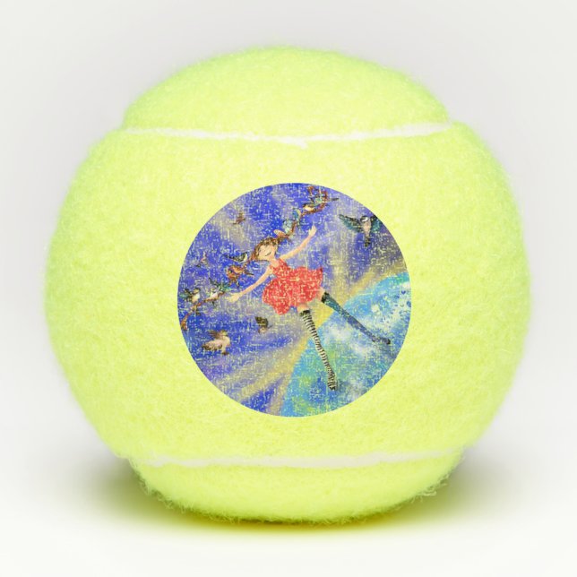 Happy Girl with Birds - Add Your Text / Name Tennis Balls (Front)