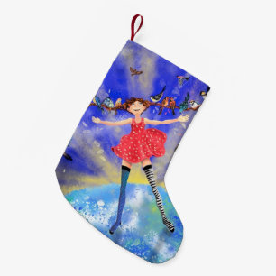 Happy Girl with Birds Christmas Stocking