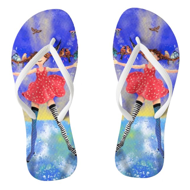Happy Girl with Birds - Happines - Flip Flops (Footbed)