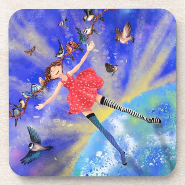 Happy Girl with Birds - Happines - Joy Coaster (Front)