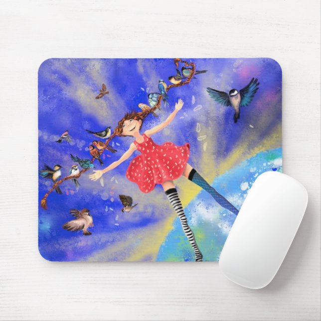 Happy Girl with Birds - Happines Mouse Mat (With Mouse)
