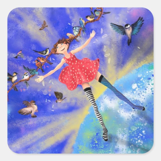 Happy Girl with Birds - Happines Square Sticker (Front)