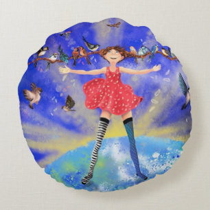 Happy Girl with Birds - Joy - Fun Round Cushion