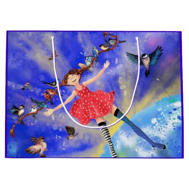 Happy Girl with Birds - Joy Large Gift Bag (Front)