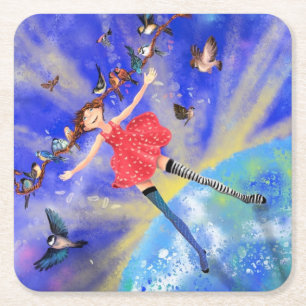 Happy Girl with Birds Paper Coaster