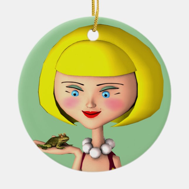 Happy Girl With Frog Prince Ceramic Tree Decoration (Front)