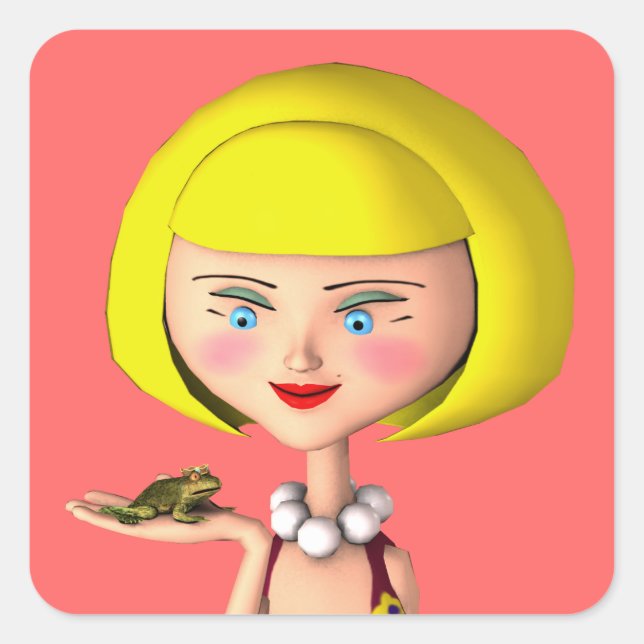 Happy Girl With Frog Prince Square Sticker (Front)