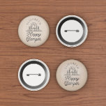 Happy Glamper Nature Brown Monogram  3 Cm Round Badge<br><div class="desc">Button featuring a beautiful vintage script and a cute nature inspired camping illustration on a light brown background.</div>