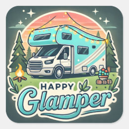 Happy Glamper Square Sticker – Fun Glamping Vibes