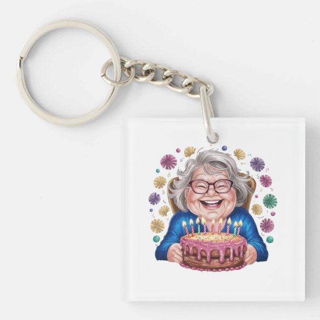 Happy Glasses Granny Bday Graphic Key Ring (Front)