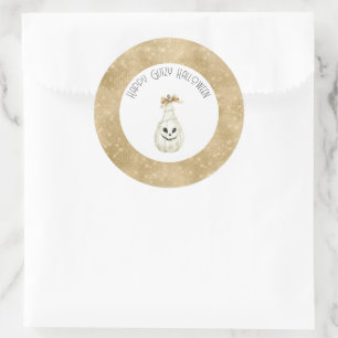 Happy Glitzy Halloween Gold Cream Pumpkin Face Classic Round Sticker