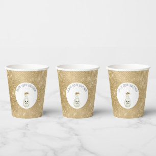 Happy Glitzy Halloween Gold Cream Pumpkin Face Paper Cups