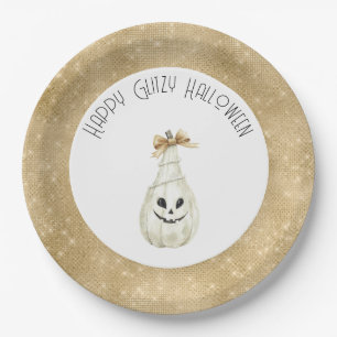 Happy Glitzy Halloween Gold Cream Pumpkin Face Paper Plate