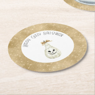 Happy Glitzy Halloween Gold Cream Pumpkin Face Round Paper Coaster