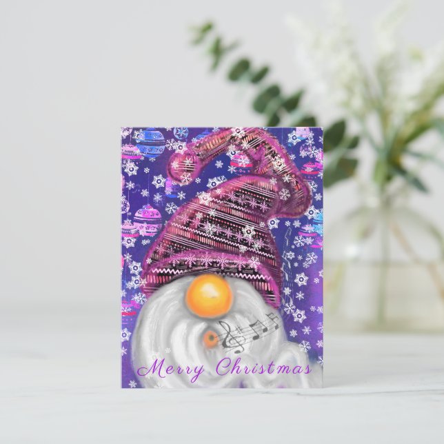 Happy Gnome In Purple Hat Sings A Christmas Song   (Standing Front)