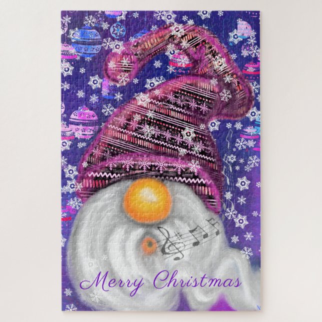 Happy Gnome In Purple Hat Sings A Christmas Song   Jigsaw Puzzle (Vertical)
