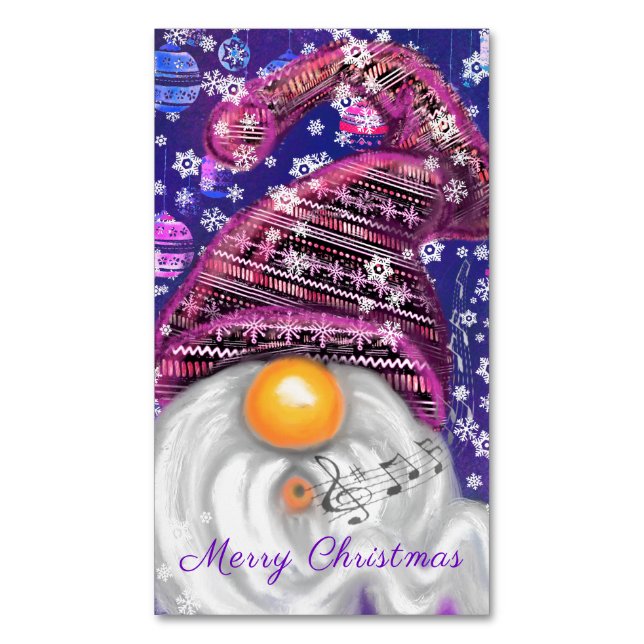 Happy Gnome In Purple Hat Sings A Christmas Song - Magnetic Business Card (Front Vertical)