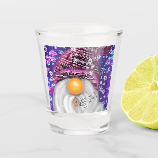 Happy Gnome In Purple Hat Sings A Christmas Song   Shot Glass (Front)