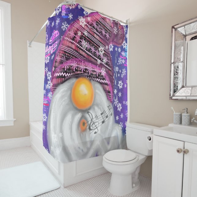 Happy Gnome In Purple Hat Sings A Christmas Song   Shower Curtain (In Situ)