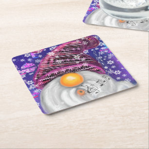 Happy Gnome In Purple Hat Sings A Christmas Song   Square Paper Coaster