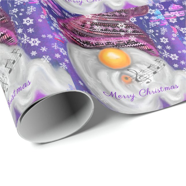 Happy Gnome In Purple Hat Sings A Christmas Song  Wrapping Paper (Roll Corner)