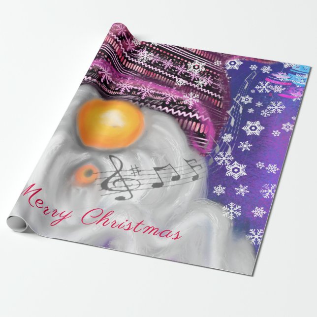 Happy Gnome In Purple Hat Sings A Christmas Song   Wrapping Paper (Unrolled)