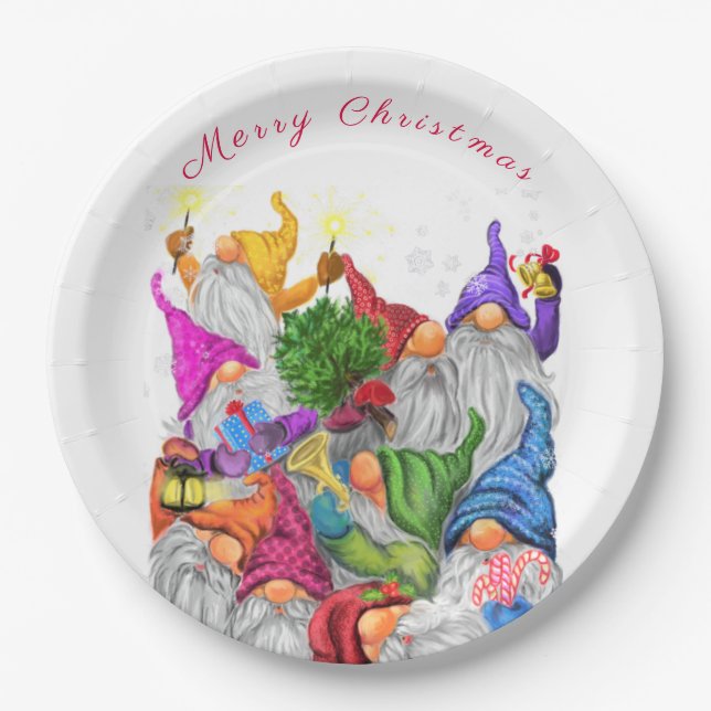 Happy Gnome Party Christmas Paper Plates (Front)