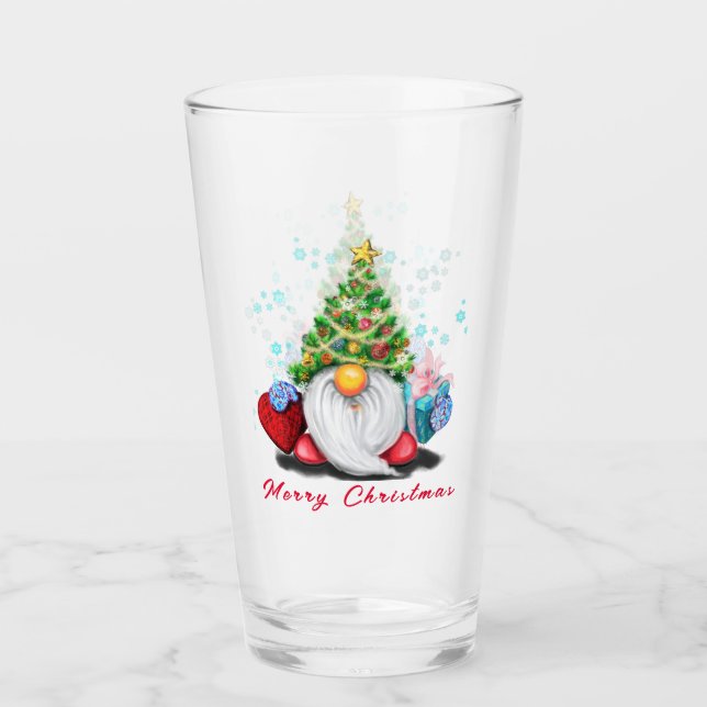 Happy Gnome with Gift Christmas Glass (Front)