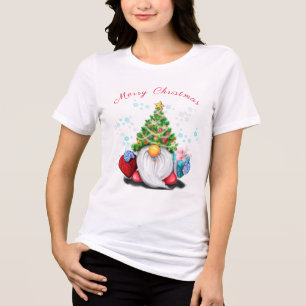 Happy Gnome with Gift Funny Christmas Tri-Blend Shirt