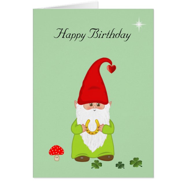 Happy Gnome with Horseshoe on Green Birthday Card (Front)