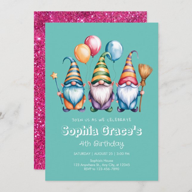 Happy gnomes with balloons and magic wand invitation (Front/Back)