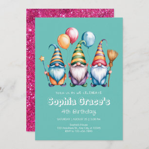 Happy gnomes with balloons and magic wand invitation