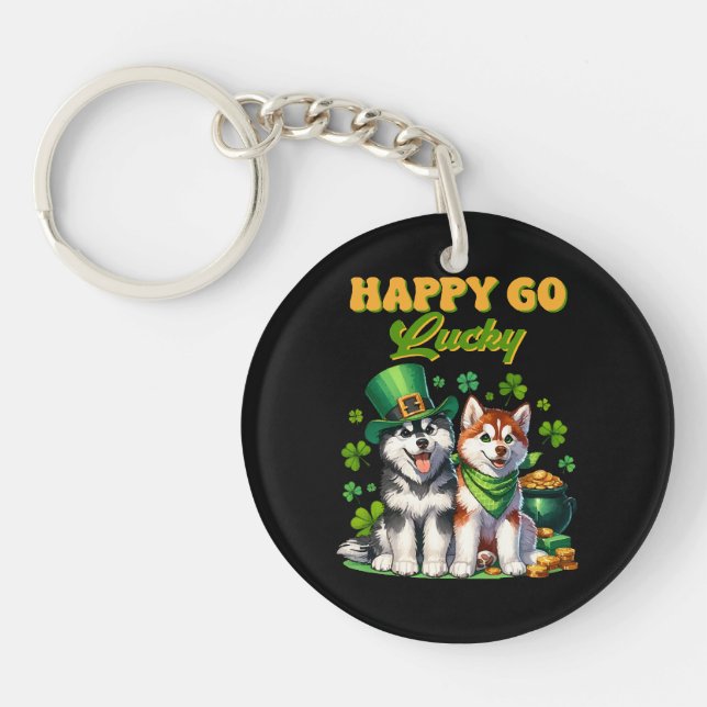 Happy Go Lucky Cute Husky St. Patricks Day Key Ring (Front)