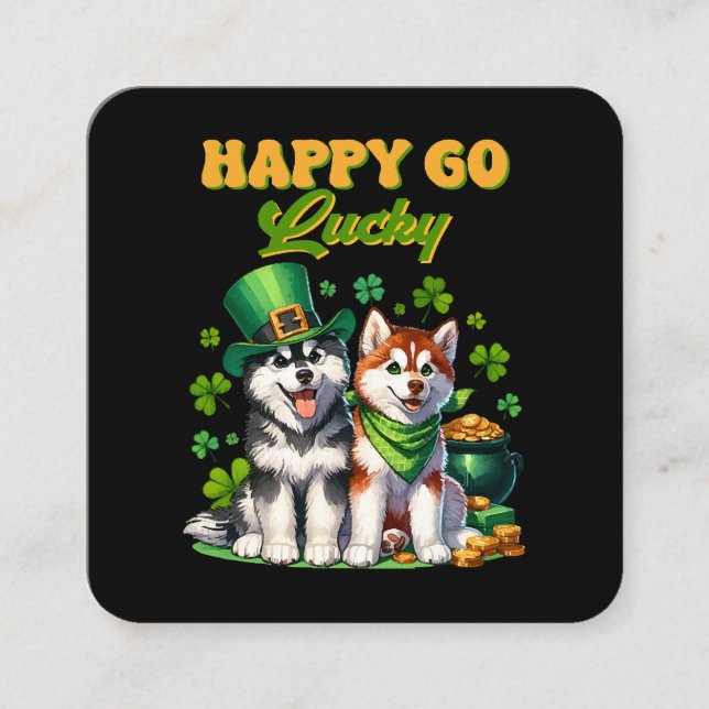 Happy Go Lucky Cute Husky St. Patricks Day Square Business Card (Front)