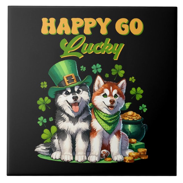 Happy Go Lucky Cute Husky St. Patricks Day Tile (Front)